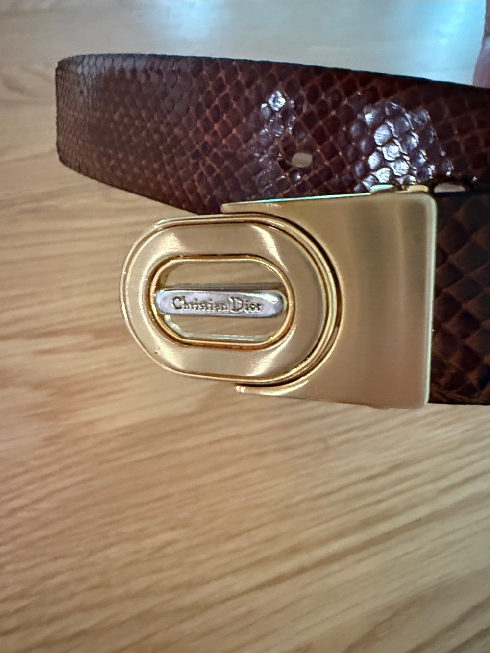 Dior Brown Snakeskin Leather Belt with Gold Buckle